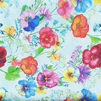 light blue fabric with violets purple, yellow, orange, blue, and red