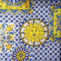 Golden sun fabric Loneta on blue tile background