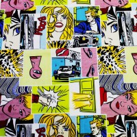 Stoffa pop-art con fumetti giallo verde rosa blu