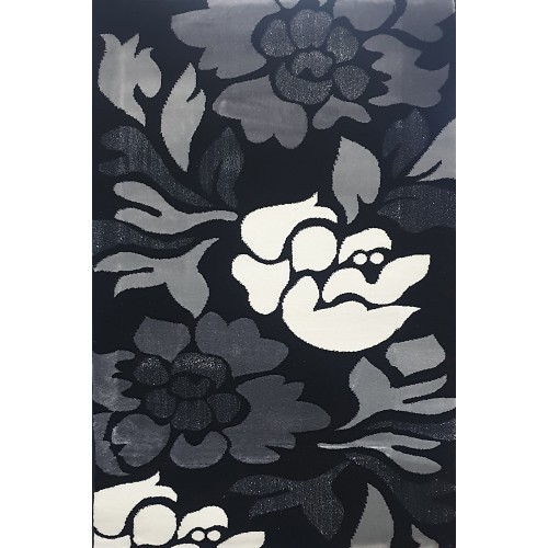 Tappeto Lurex nero 100x150 con fiori grigio e bianco