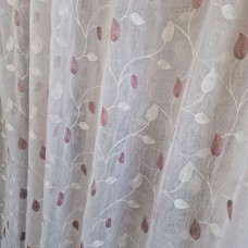 White Linen Effect Made-to-Measure Curtain with Blush Pink Embroidered Leaves