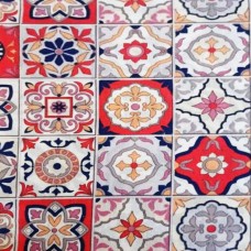 Red blue and yellow tile fabric